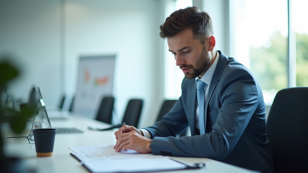 Professional analyst reviewing financial spreadsheet with multiple columns of data on desktop computer in bright office setting