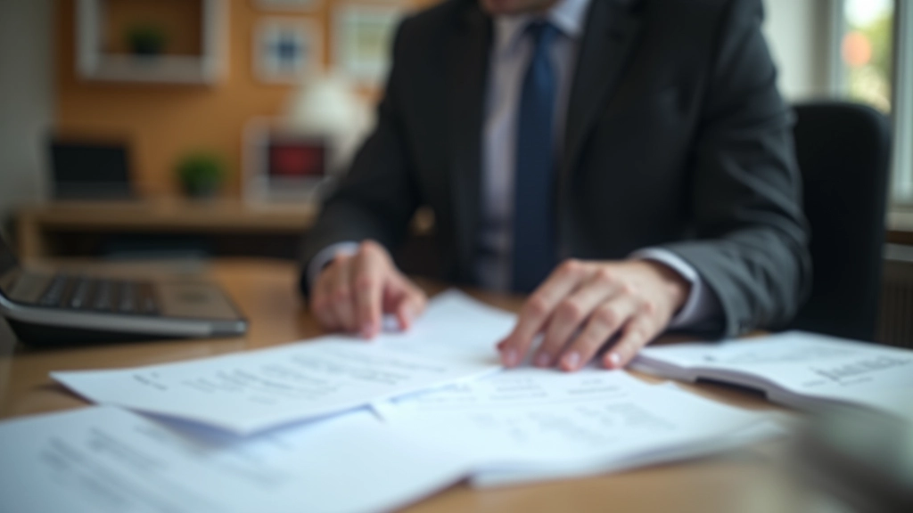 Financial analyst comparing multiple printed reports and spreadsheets side by side on wooden desk with pen and calculator