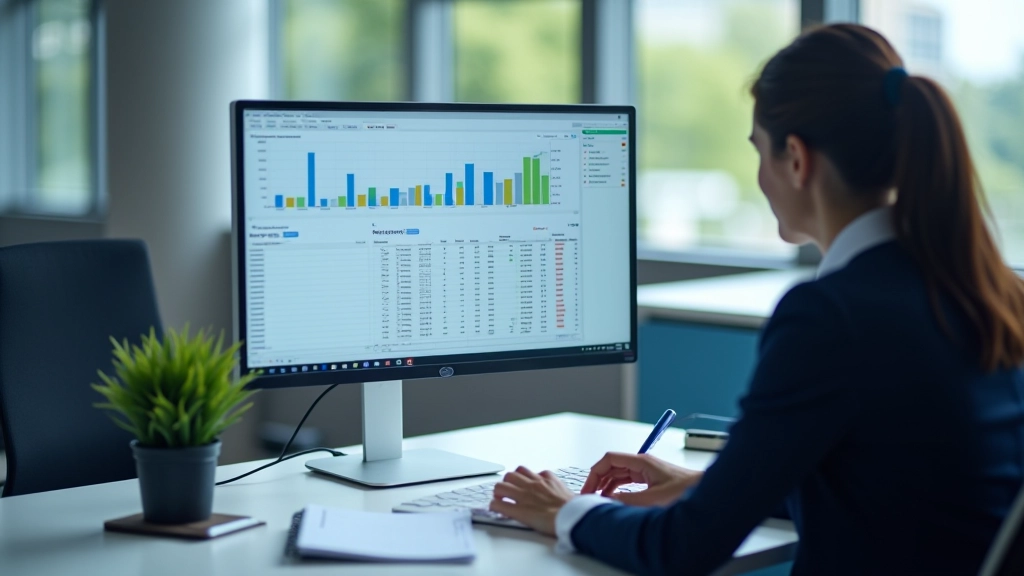 Financial professional analyzing exit multiple data on computer screen with comparable company metrics