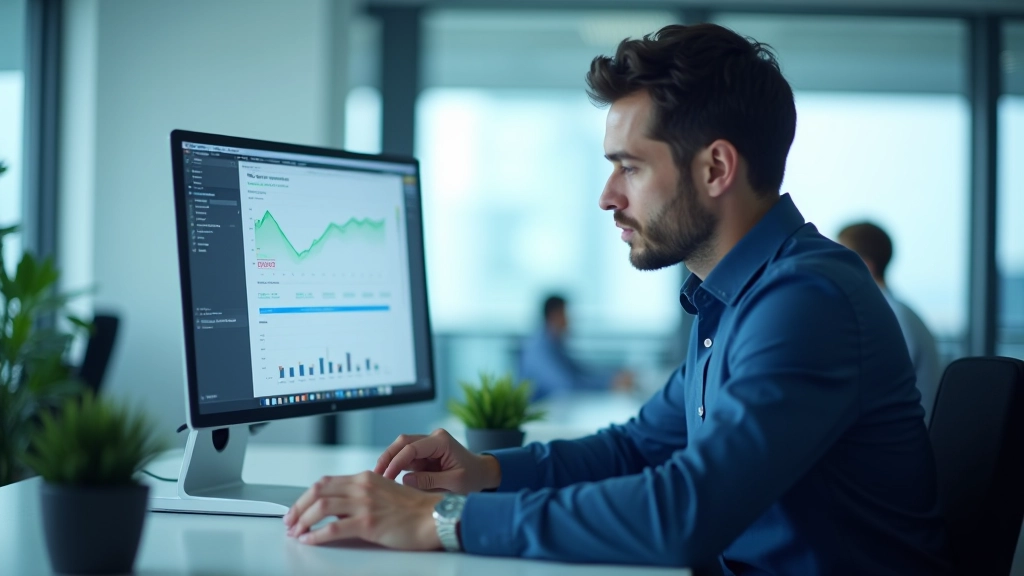 Financial analyst reviewing WACC calculation on spreadsheet at desk, multiple monitors showing data