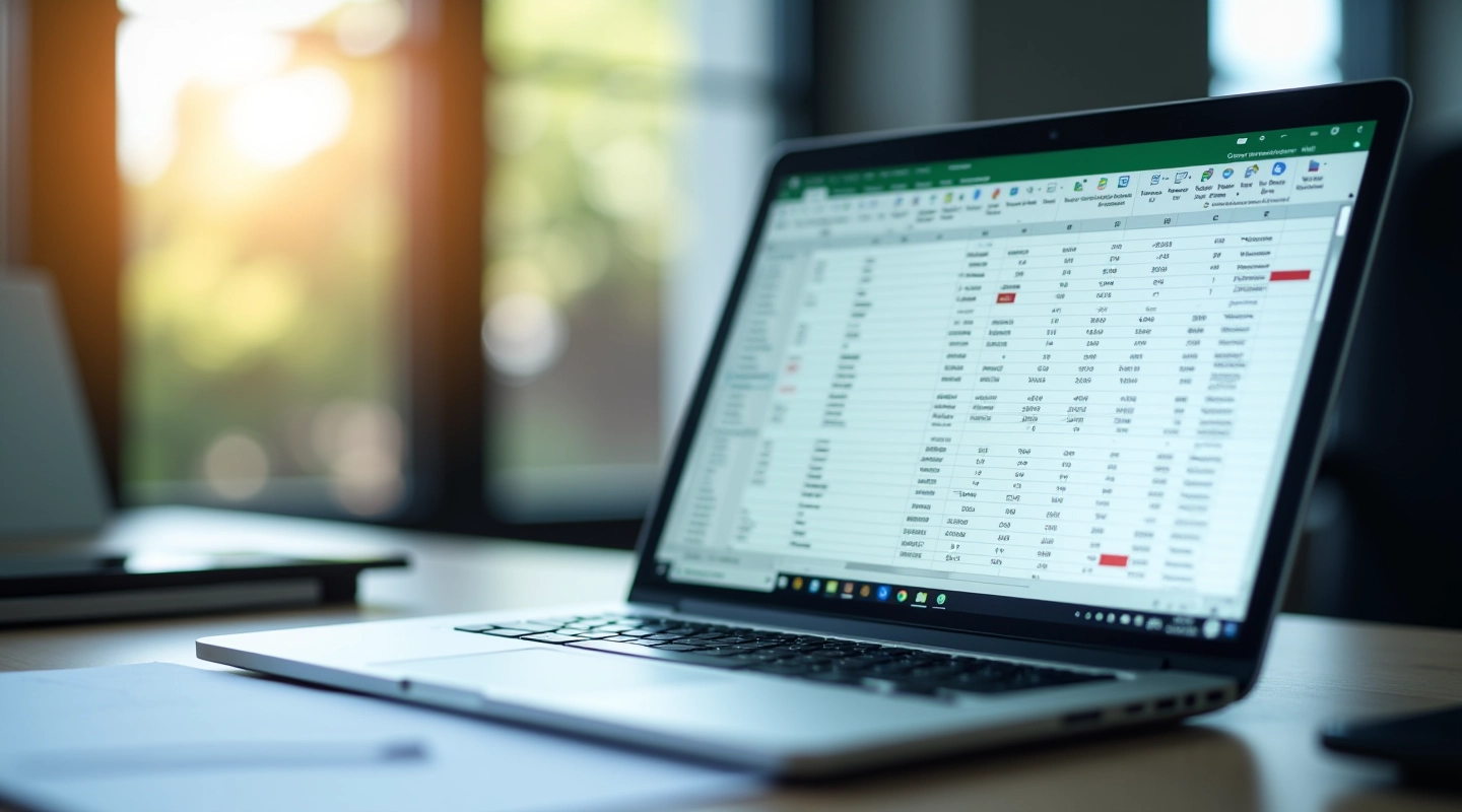 Laptop screen displaying financial spreadsheet with columns of numbers and formulas