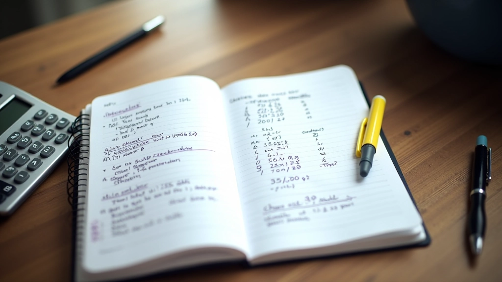 Notebook with financial calculations and formulas written out, calculator beside it on desk
