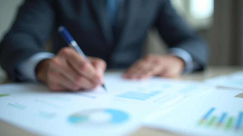 Financial analyst reviewing printed DCF model pages with charts and data tables at office desk