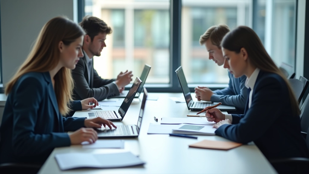 Team of analysts working together at a desk with laptops and papers